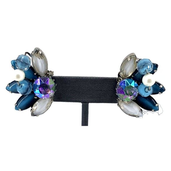 Hobe Earrings Clip on Blue Milk Aurora Borealis Faux Pearls Glass Rhinestones Vt - Picture 1 of 8